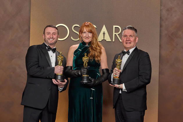 Mike Hill, Cliona Furey and Jordan Samuel pose backstage with the OscarÂ® for Makeup and Hairstyling during the 98th OscarsÂ® at DolbyÂ® Theatre at Ovation Hollywood on Sunday, March 15, 2026. Los Angeles CA USA  350081385PLX