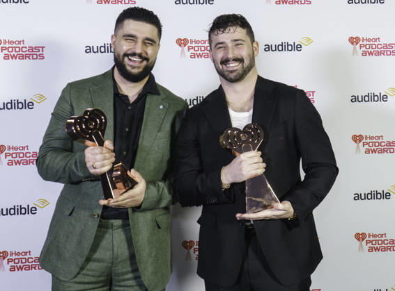 March 16, 2026: Austin, Texas. 2026 IHeartPodcast Awards, winners pose with their awards. Joe Santagato & Frankie Alvarez - for Best Comedy & Best Ensemble, - The Basement Yard. - ZUMAda1_ 20260316_zap_da1_066 Copyright: xSandraxDahdahx