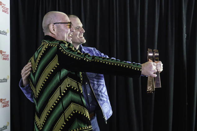 March 16, 2026: Austin, Texas. 2026 IHeartPodcast Awards, winners pose with their awards. Ben Mandelker & Ronnie Karam - Watch What Crappens Best TV & Film. - ZUMAda1_ 20260316_zap_da1_071 Copyright: xSandraxDahdahx