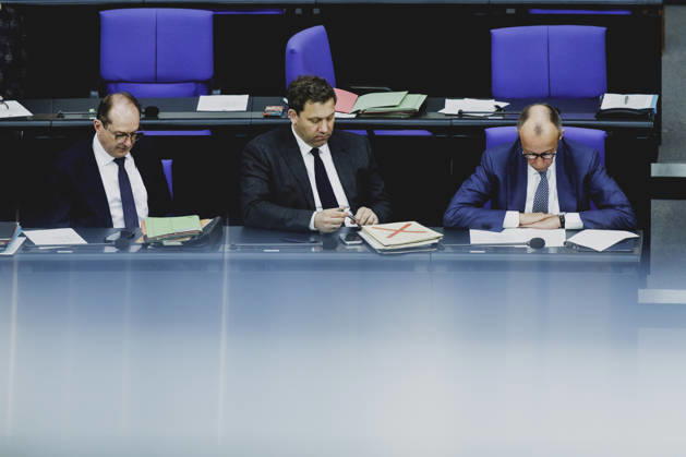 R L Friedrich Merz CDU , Federal Chancellor, Lars Klingbeil, Federal Minister of Finance, and Alexander Dobrindt CSU , Federal Minister of the Interior, recorded during the debate on the government declaration in the German Bundestag in Berlin, 18 03 2026 Berlin Germany Copyright: xFlorianxGaertnerx