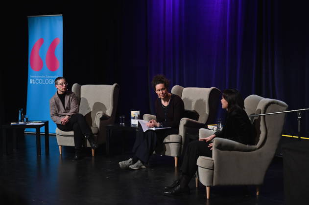 Author Claudia Dathe, Monika Rinck and Tanja Maljartschuk, l r, read and speak on stage at Lit Cologne, the international literary festival on the subject of writing in a forbidden language, the Ukrainian Library