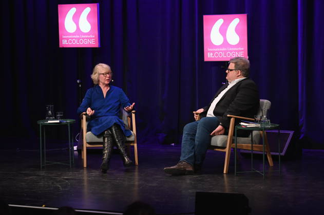 author Meike Winnemuth reads and the speaker, cultural manager and organizer Felix Mauser speaks at Lit Cologne, the international literature festival
