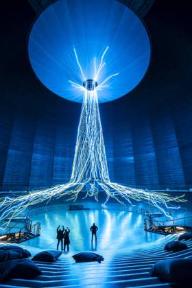 New exhibition in the Gasometer Oberhausen, art sculpture The Tree, 40 meter high light installation, shows with light and music different stages of a tree, exhibition Mythos Wald, on 3 levels and with several thematic chapters the exhibition shows the diversity of the worlds forests with pictures, videos and exhibits, NRW, Germany, Mythos Wald Oberhausen