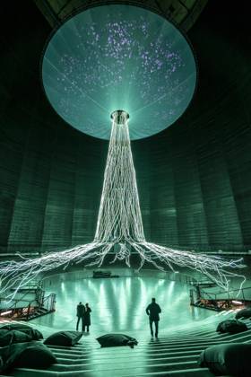 New exhibition in the Gasometer Oberhausen, art sculpture The Tree, 40 meter high light installation, shows with light and music different stages of a tree, exhibition Mythos Wald, on 3 levels and with several thematic chapters the exhibition shows the diversity of the worlds forests with pictures, videos and exhibits, NRW, Germany, Mythos Wald Oberhausen