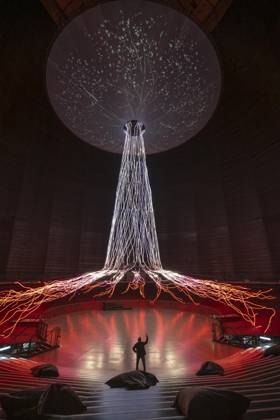 New exhibition in the Gasometer Oberhausen, art sculpture The Tree, 40 meter high light installation, shows with light and music different stages of a tree, exhibition Mythos Wald, on 3 levels and with several thematic chapters the exhibition shows the diversity of the worlds forests with pictures, videos and exhibits, NRW, Germany, Mythos Wald Oberhausen