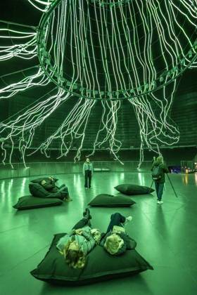New exhibition in the Gasometer Oberhausen, art sculpture The Tree, 40 meter high light installation, shows with light and music different stages of a tree, exhibition Mythos Wald, on 3 levels and with several thematic chapters the exhibition shows the diversity of the worlds forests with pictures, videos and exhibits, NRW, Germany, Mythos Wald Oberhausen