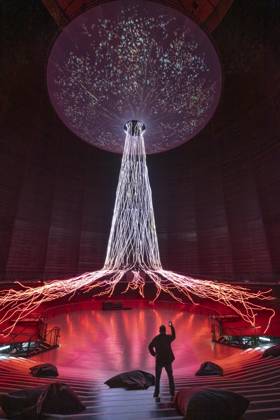 New exhibition in the Gasometer Oberhausen, art sculpture The Tree, 40 meter high light installation, shows with light and music different stages of a tree, exhibition Mythos Wald, on 3 levels and with several thematic chapters the exhibition shows the diversity of the worlds forests with pictures, videos and exhibits, NRW, Germany, Mythos Wald Oberhausen