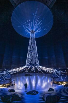 New exhibition in the Gasometer Oberhausen, art sculpture The Tree, 40 meter high light installation, shows with light and music different stages of a tree, exhibition Mythos Wald, on 3 levels and with several thematic chapters the exhibition shows the diversity of the worlds forests with pictures, videos and exhibits, NRW, Germany, Mythos Wald Oberhausen