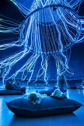 New exhibition in the Gasometer Oberhausen, art sculpture The Tree, 40 meter high light installation, shows with light and music different stages of a tree, exhibition Mythos Wald, on 3 levels and with several thematic chapters the exhibition shows the diversity of the worlds forests with pictures, videos and exhibits, NRW, Germany, Mythos Wald Oberhausen