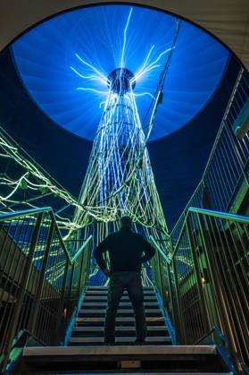 New exhibition in the Gasometer Oberhausen, art sculpture The Tree, 40 meter high light installation, shows with light and music different stages of a tree, exhibition Mythos Wald, on 3 levels and with several thematic chapters the exhibition shows the diversity of the worlds forests with pictures, videos and exhibits, NRW, Germany, Mythos Wald Oberhausen