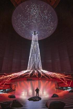 New exhibition in the Gasometer Oberhausen, art sculpture The Tree, 40 meter high light installation, shows with light and music different stages of a tree, exhibition Mythos Wald, on 3 levels and with several thematic chapters the exhibition shows the diversity of the worlds forests with pictures, videos and exhibits, NRW, Germany, Mythos Wald Oberhausen
