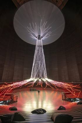 New exhibition in the Gasometer Oberhausen, art sculpture The Tree, 40 meter high light installation, shows with light and music different stages of a tree, exhibition Mythos Wald, on 3 levels and with several thematic chapters the exhibition shows the diversity of the worlds forests with pictures, videos and exhibits, NRW, Germany, Mythos Wald Oberhausen