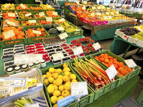 Fruit and vegetable market at the Viktualienmarkt in Munich The display of a fruit and vegetable vendor at the Viktualienmarkt in Munich with fresh produce FOR EDITORIAL USE ONLY
