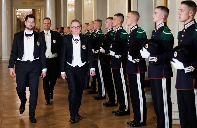 Walloon Minister President and minister of Finance, Budget, Research in the FWB Adrien Dolimont, German Community Minister President Oliver Paasch and Brussels region Minister-President Boris Dillies pictured ahead of the State Banquet hosted by Norwegian royal family in the Royal Palace in Oslo, on the first day of the official state visit of the Belgian royal couple to Norway, on Tuesday 24 March 2026. Belgian monarchs are on an official state visit to Norway from 24 to 26 March 2026.  BENOITxDOPPAGNE 168803160