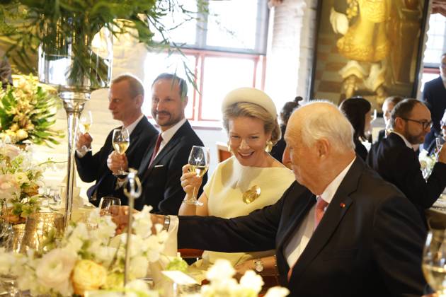 Crown Prince Haakon Magnus of Norway, Queen Mathilde of Belgium and King Harald V of Norway pictured at the lunch at the Akershus Fortress castle, in Oslo, on day two of the official state visit of the Belgian royal couple to Norway, on Wednesday 25 March 2026. Belgian monarchs are on an official state visit to Norway from 24 to 26 March 2026.  POOLxOLIVIERxPOLET 168887534