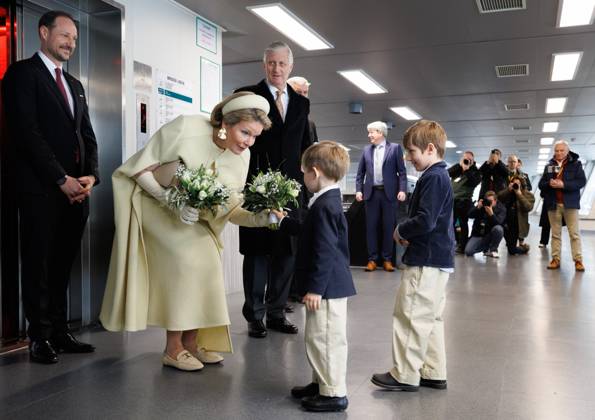 Crown Prince Haakon Magnus of Norway, Queen Mathilde of Belgium and King Philippe - Filip of Belgium pictured during a visit to the DEME wind turbine installation vessel Norse Wind in Oslo, on day two of the official state visit of the Belgian royal couple to Norway, on Wednesday 25 March 2026. Belgian monarchs are on an official state visit to Norway from 24 to 26 March 2026.  BENOITxDOPPAGNE 168902183