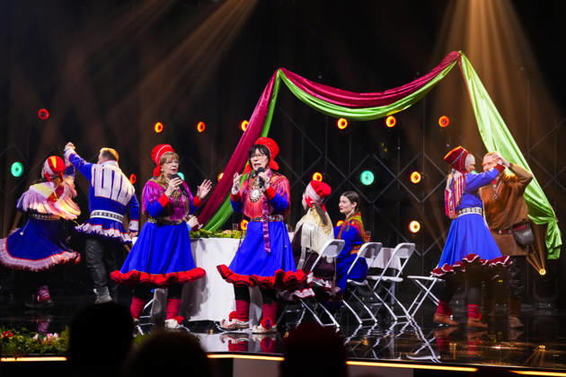 Sami Grand Prix 2016 Kautokeino 20260328 Biret Risten Sara and Ravna Anti Guttorm with Heajat during the final of the Sami Grand Prix SGP, in the sports hall in Kautokeino on Saturday evening Sami Grand Prix is an annual Sami song and joike competition that brings together participants from all over Sapmi, span  Copyright: xHeikoxJungex xNTBx