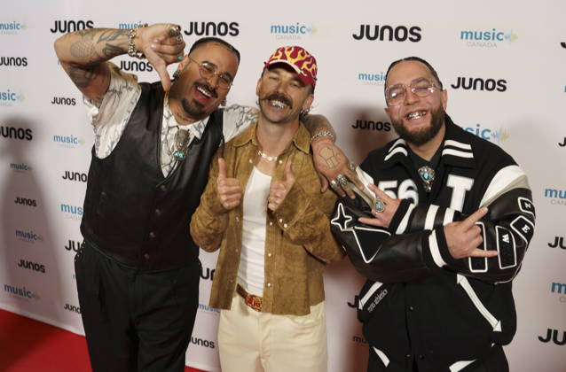 March 28, 2026, Hamilton, On, CAN: Sonreal, centre, poses with Snotty Nose Rez Kids, together nominated for Rap Single of the Year, on the red carpet at the 2026 Juno Awards Gala in Hamilton, Saturday, March 28, 2026. Hamilton CAN - ZUMAc35_ 20260328_zaf_c35_094 Copyright: xPeterxPowerx