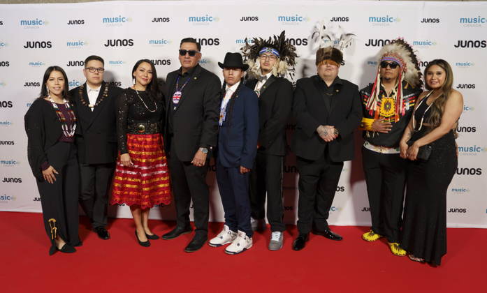 March 28, 2026, Hamilton, On, CAN: Bad Eagle Singers, nominated for Traditional Indigenous Artist or Group of the Year, on the red carpet at the 2026 Juno Awards Gala in Hamilton, Saturday, March 28, 2026. Hamilton CAN  - ZUMAc35_ 20260328_zaf_c35_204 Copyright: xPeterxPowerx