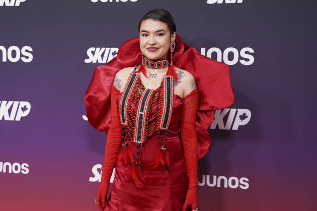 March 29, 2026, Hamilton, On, CANADA: Tia Wood, nominated for Contemporary Indigenous Artist or Group of the Year, poses on the orange carpet at the Junos in Hamilton, Ontario, Canada on Sunday, March 29, 2026. Hamilton CANADA - ZUMAc35_ 20260329_zaf_c35_100 Copyright: xPeterxPowerx