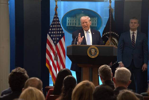 (260406) -- WASHINGTON, April 6, 2026 -- U.S. President Donald Trump speaks during a press conference at the White House in Washington, D.C., the United States, April 6, 2026. Trump said Monday that Iran could be taken out in one night and that night might be Tuesday evening, the deadline Trump set for Iran to make a deal and reopen the Strait of Hormuz. (Photo by Li Yuanqing Xinhua) U.S.-WASHINGTON, D.C.-WHITE HOUSE-TRUMP-PRESS CONFERENCE-IRAN LixRui