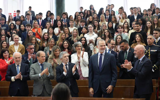 The King defends international law against the use of force before university students King Felipe VI 1 row, 2d , accompanied by the rector of the Complutense University of Madrid, Joaquín Goyache 1 row, d , and the Minister of the Interior, Fernando Grande Marlaska 1 row, 3d , presides over the commemoration of the 60th anniversary of the International Covenant on Civil and Political Rights and the International Covenant on Economic, Social and Cultural Rights, at the Faculty of Law of the Complutense University, on April 9, 2026, in Madrid, Spain, The two covenants were adopted by the United Nations General Assembly on December 16, 1966 and entered into force on January 3, 1976 Together with the Universal Declaration of Human Rights, the  Copyright: xMartaxFernandezx 7425668