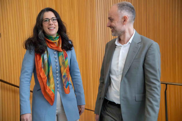 from left Marie JACQUOT, musician, chief conductor WDR Symphony Orchestra, Sebastian KOENIG, king, manager WDR Symphony Orchestra, press conference on the occasion of the presentation of the new chief conductor of the WDR Symphony Orchestra, at WDR in Cologne on 10 04 2026,