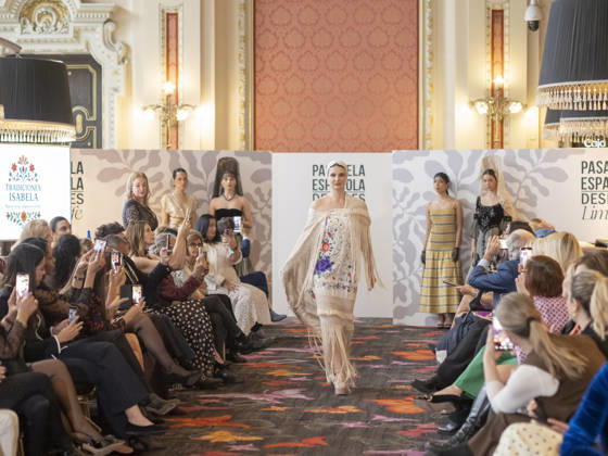 April 12, 2026, Madrid, Madrid, Spain: MADRID, SPAIN - APRIL 12: A model showcases a creation by TRADICIONES ISABELA during the Pasarela EspaoÂ±ola LimeLife at Casino Gran Via on April 12, 2026 in Madrid, Spain. Madrid Spain  - ZUMAh199 20260412_zip_h199_018 Copyright: xAaronxHerediax