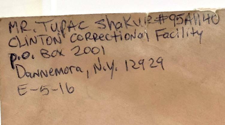 April 13, 2026, New York, New York, USA: A detail view of an envelope from the handwitten letter from Tupac Shakur to his girlfriend at the time Desiree Smith, penned from prison, ca. 1995, estimate $20,000 - $30,000, seen at the press preview for the SothebyÃ¢â‚¬â ¢s New York Rock and Pop Sale held at the Breuer Building. New York USA  - ZUMAk03_ 20260413_zaf_k03_026 Copyright: xNancyxKaszermanx
