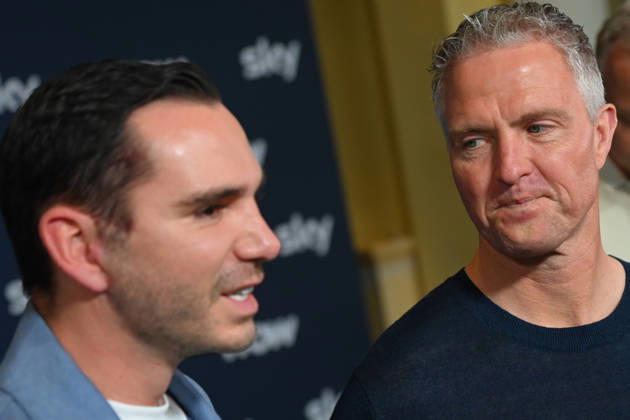 Ralf SCHUMACHER with partner Etienne BOUSQUET CASSAGNE Munich program presentation SKY SPOTLIGHT, Sky Originals on 15 04 2026 at the Hotel Bayerischer Hof