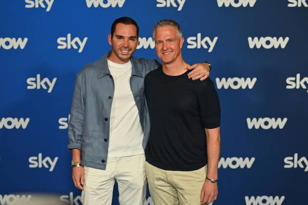 v re Ralf SCHUMACHER with partner Etienne BOUSQUET CASSAGNE Munich program presentation SKY SPOTLIGHT, Sky Originals on 15 04 2026 at the Hotel Bayerischer Hof