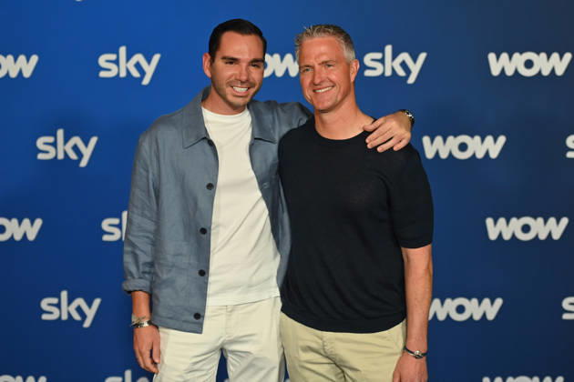 v re Ralf SCHUMACHER with partner Etienne BOUSQUET CASSAGNE Munich program presentation SKY SPOTLIGHT, Sky Originals on 15 04 2026 at the Hotel Bayerischer Hof