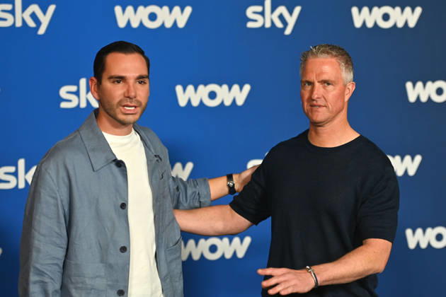 v re Ralf SCHUMACHER with partner Etienne BOUSQUET CASSAGNE Munich program presentation SKY SPOTLIGHT, Sky Originals on 15 04 2026 at the Hotel Bayerischer Hof