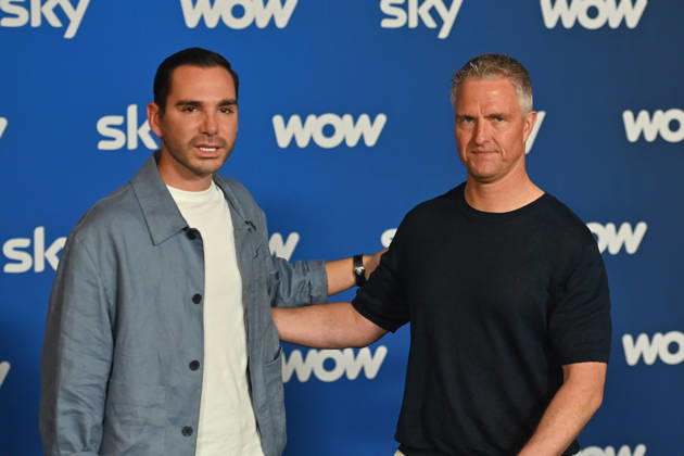 v re Ralf SCHUMACHER with partner Etienne BOUSQUET CASSAGNE Munich program presentation SKY SPOTLIGHT, Sky Originals on 15 04 2026 at the Hotel Bayerischer Hof