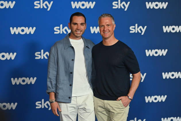 v re Ralf SCHUMACHER with partner Etienne BOUSQUET CASSAGNE Munich program presentation SKY SPOTLIGHT, Sky Originals on 15 04 2026 at the Hotel Bayerischer Hof