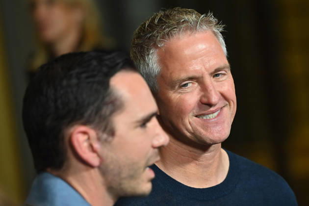 v re Ralf SCHUMACHER with partner Etienne BOUSQUET CASSAGNE Munich program presentation SKY SPOTLIGHT, Sky Originals on 15 04 2026 at the Hotel Bayerischer Hof