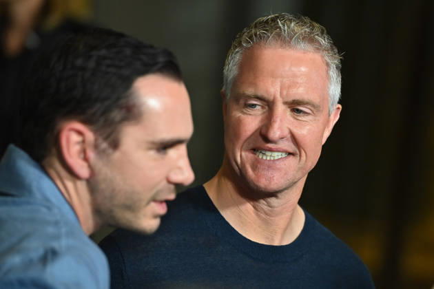 v re Ralf SCHUMACHER with partner Etienne BOUSQUET CASSAGNE Munich program presentation SKY SPOTLIGHT, Sky Originals on 15 04 2026 at the Hotel Bayerischer Hof