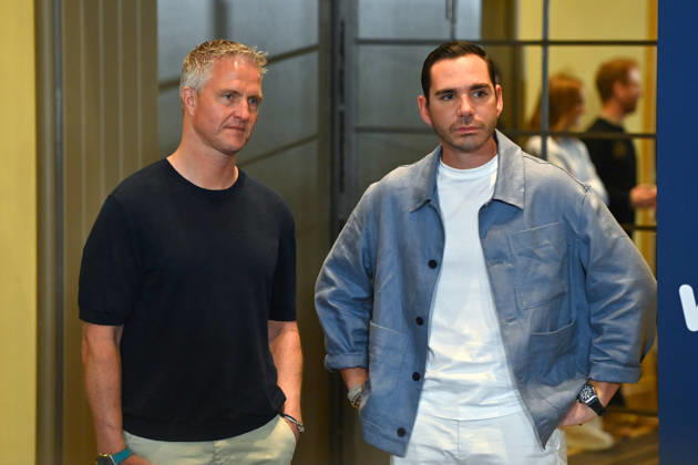from left Ralf SCHUMACHER with partner Etienne BOUSQUET CASSAGNE Munich program presentation SKY SPOTLIGHT, Sky Originals on 15 04 2026 at the Hotel Bayerischer Hof