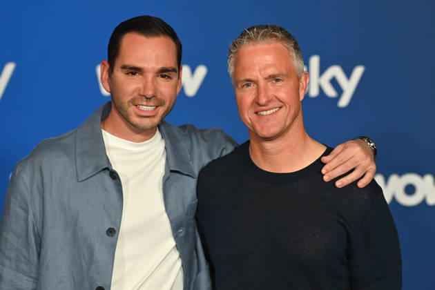 v re Ralf SCHUMACHER with partner Etienne BOUSQUET CASSAGNE Munich program presentation SKY SPOTLIGHT, Sky Originals on 15 04 2026 at the Hotel Bayerischer Hof