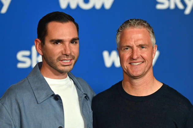 v re Ralf SCHUMACHER with partner Etienne BOUSQUET CASSAGNE Munich program presentation SKY SPOTLIGHT, Sky Originals on 15 04 2026 at the Hotel Bayerischer Hof