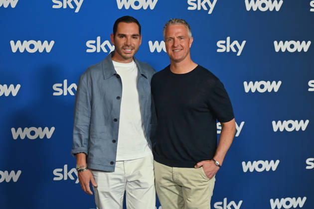 v re Ralf SCHUMACHER with partner Etienne BOUSQUET CASSAGNE Munich program presentation SKY SPOTLIGHT, Sky Originals on 15 04 2026 at the Hotel Bayerischer Hof
