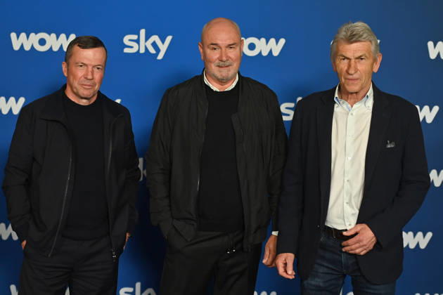 from left Lothar MATHAEUS Raimond AUMANN, Klaus AUGENTHALER Munich program presentation SKY SPOTLIGHT, Sky Originals on 15 04 2026 at the Hotel Bayerischer Hof