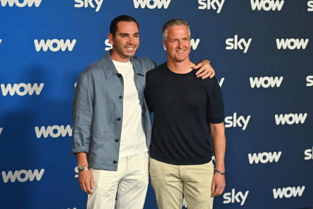 v re Ralf SCHUMACHER with partner Etienne BOUSQUET CASSAGNE Munich program presentation SKY SPOTLIGHT, Sky Originals on 15 04 2026 at the Hotel Bayerischer Hof