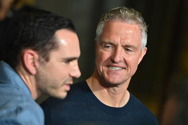 v re Ralf SCHUMACHER with partner Etienne BOUSQUET CASSAGNE Munich program presentation SKY SPOTLIGHT, Sky Originals on 15 04 2026 at the Hotel Bayerischer Hof