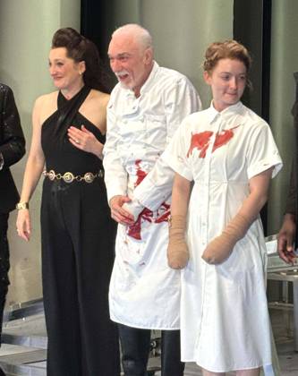 April 15, 2026, New York, New York, USA: Actors FRANCESCA FARIDANY, PATRICK PAGE and OLIVIA REIS seen at the curtain call for the Off-Broadway show of Titus Andronicus held at the Red Bull Theater at The Pershing Square Signature Center. New York USA - ZUMAk03_ 20260415_zaf_k03_009 Copyright: xNancyxKaszermanx