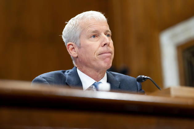 Secretary of Energy Chris Wright looks on during a Senate Energy and Natural Resources Committee hearing on the Department of Energy s budget request for fiscal year 2027 in the Dirksen Senate Office Building near the U.S. Capitol in Washington, DC on Tuesday, April 21, 2026. Wright has warned that gas prices may not drop below $3 until next year, which the Trump Administration claims is totally wrong.  WAP20260421311 BONNIExCASH