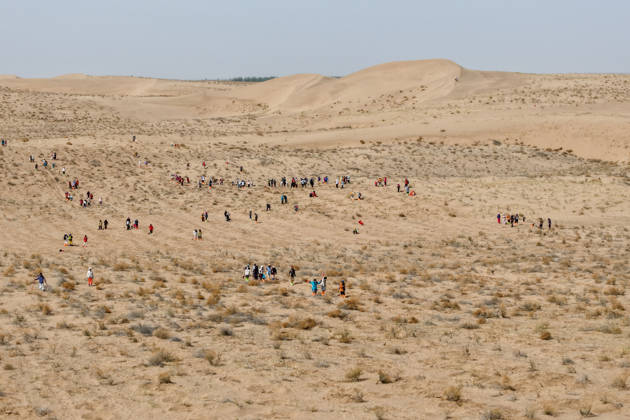 (260422) -- MINQIN, April 22, 2026 -- A drone photo shows volunteers planting trees at the Zhonglin ecological public welfare forest base of Minqin County, northwest China s Gansu Province, April 21, 2026. Minqin, sandwiched between China s third- and fourth-largest deserts -- the Badain Jaran and the Tengger, has 94 percent of its land area covered by desert and desertified land. As a result, it is one of China s major sources of sandstorms. Confronted with pressing survival challenges and the daunting task of desert control, Minqin County has initiated multiple tree-planting campaigns since 2024. Volunteers from all over China came to the county s Zhonglin ecological public welfare forest base to participate in voluntary tree-plantin 