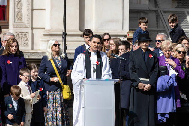 HRH Princess of Wales attends Anzac Day Commemorations at the Cenotaph, London, UK 25 April 2026 Reverend Dr Lyndon Blake leads the service at the Cenotaph, London, UK, on 25 April 2026, for the Anzac Day commemoration. Anzac Day has been observed in London since King George V attended the first service at Westminster Abbey in 1916 to mark the anniversary of the landings at Gallipoli, and has since become an important moment to commemorate all Australians and New Zealanders who have lost their lives in conflict., Credit:Pete Speller Avalon  Copyright: xPetexSpellerx xAvalonx 1094248525