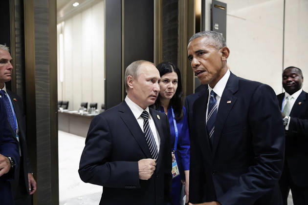 U.S. President Barack Obama talking with President Vladimir Putin of Russia following their meeting on the sidelines of the G20 Summit, Hangzhou International Expo Center, Hangzhou, China, Pete Souza, Office of White House Photography, September 5, 2016  Copyright: xCircaxImagesx ghi-circa14241
