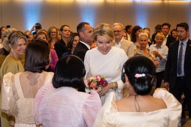 Queen Mathilde of Belgium pictured during the 27th edition of the award ceremony of the Womed Award , for best female entrepreneur, organised by Markant and Unizo, Tuesday 28 April 2026 in Brussels.  JAMESxARTHURxGEKIERE 172331927